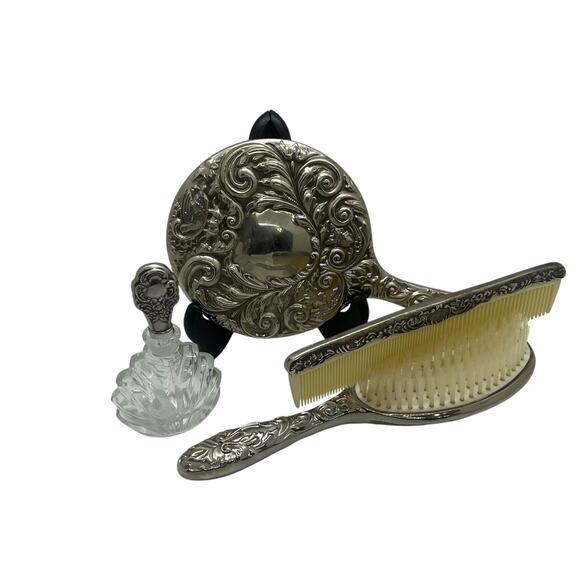 Unbranded Other - Vintage Silver Tone Carved Vanity Set Mirror Brush Perfume
